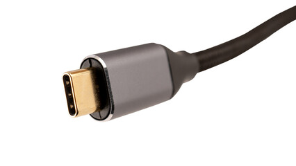 Electric USB-C (male) cable plug, isolated on a transparent background