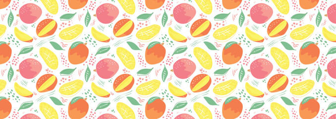 Abstract tropical mango pattern in flat style. Fresh, delicious fruit seamless pattern. Vector background. Summer freshness for health. For background, juice, ice cream or packaging.