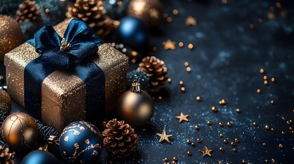 A beautiful top view Christmas present wrapped in gold paper with a blue ribbon, surrounded by festive ornaments and stars on a blue background. Perfect for holiday celebrations and gift-giving ideas
