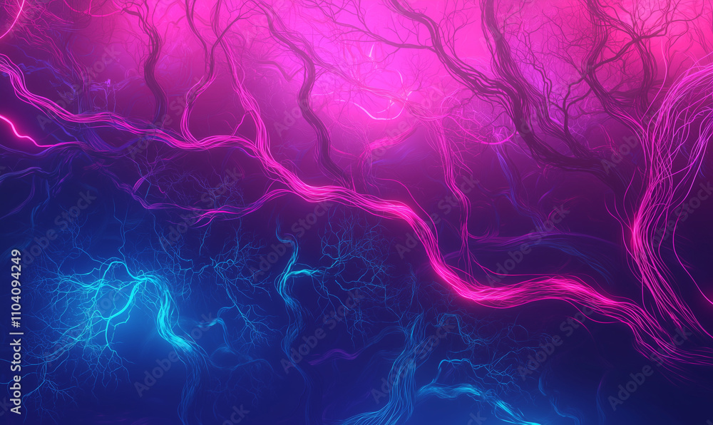 Poster dynamic neon tree roots abstract environment digital art deep perspective surreal visuals for modern