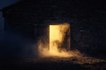 Barn At Night. Light Shines Through Smoke from Half-Open Doors of Stone Barn