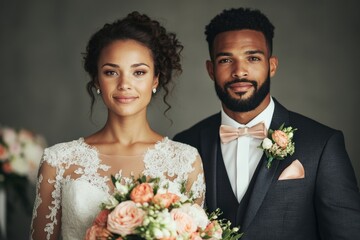 A bride in a lace gown and groom in a tailored suit pose together, holding a bouquet of beautiful flowers, enveloped in joy and elegance, depicting wedding bliss.