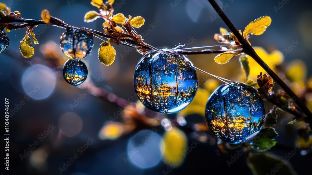 Poster nature's reflection close-up of water droplets on branch in a tranquil forest setting - macro photog