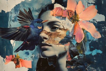 A creative collage combining traditional painting techniques with digital graphics, showcasing a hybrid art style