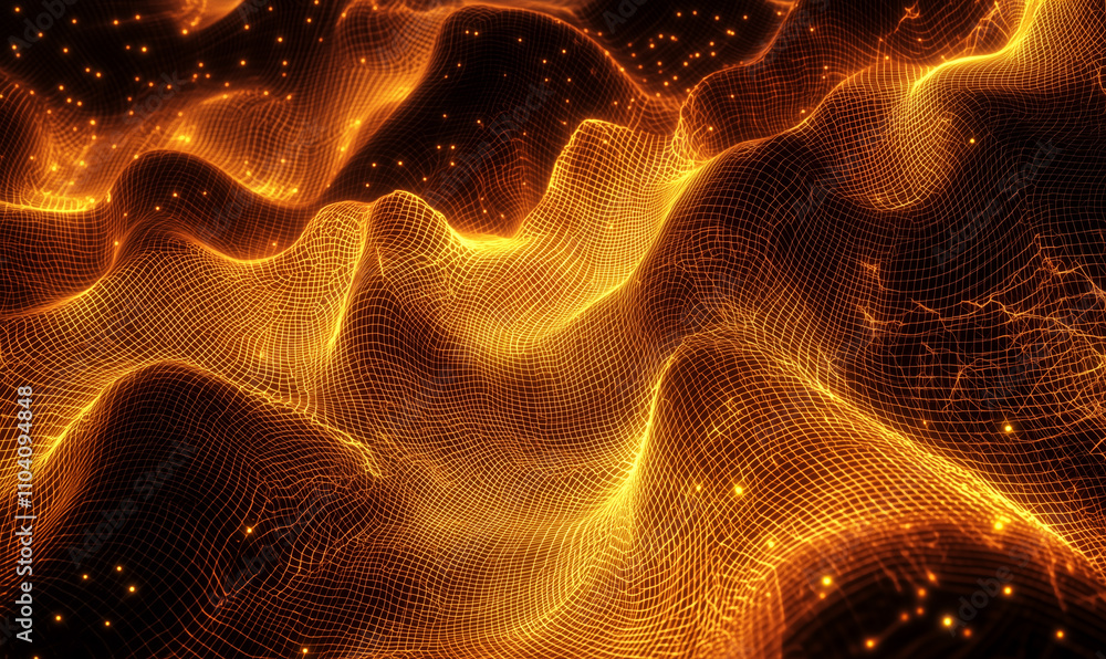 Poster dynamic flow of golden particles abstract digital landscape animation futuristic environment high-re
