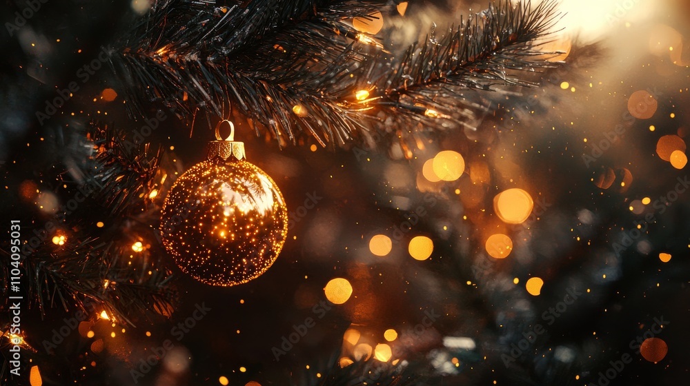 Poster a close-up of a festive christmas tree ornament glimmering with golden sparkles against a backdrop o