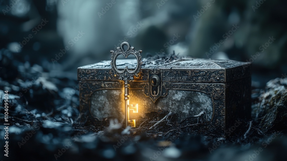 Poster unlocking secrets key to ancient chest in enchanted forest fantasy art mystical ambience close-up vi