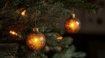 A beautifully decorated Christmas tree with glowing ornaments, creating a warm and festive atmosphere.