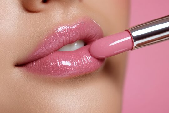 A close-up shot of glossy pink lips being applied with a lipstick applicator, showcasing the smooth texture and vibrant color in a detailed and focused view.
