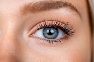 Obraz premium An intricate close-up of a bright blue eye, highlighting lengthy eyelashes and perfectly groomed eyebrows, reflecting health and vitality in crisp detail.