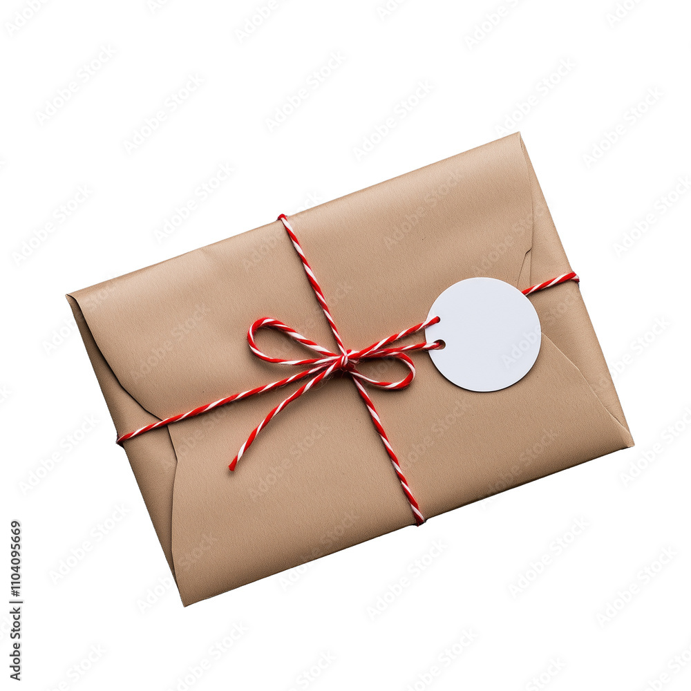 Poster brown envelope with red twine and tag on transparent background