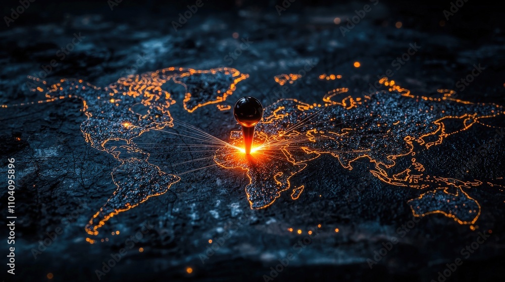 Poster glowing push pin illuminates world map global connections digital art dark theme aerial view impactf