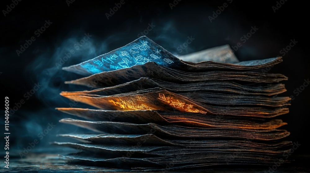 Aufkleber Illuminated stack of folded papers dark studio artistic content mystical environment close-up view conceptual imagery