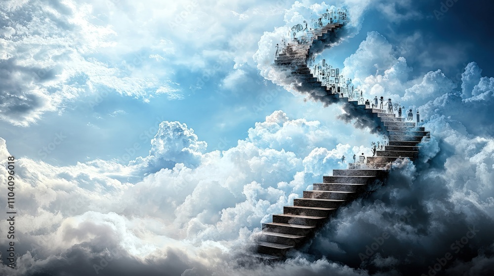 Poster ascending steps into the clouds dreamlike setting surreal artwork ethereal atmosphere inspirational 