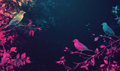 Fototapeta na wymiar Vibrant birds perched on colorful branches digital artwork nature fantasy close-up surreal concept
