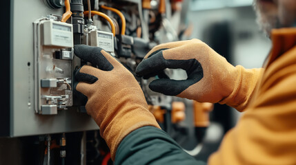 Close-up of a technician's hands wearing safety gloves, adjusting cables and components in a control panel or electrical box, with focus on technical maintenance work