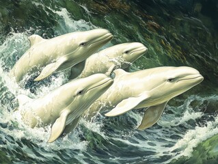Obraz premium Beluga Whales in Action: A Captivating Scene of Sea Mammals Feeding in Churchill River