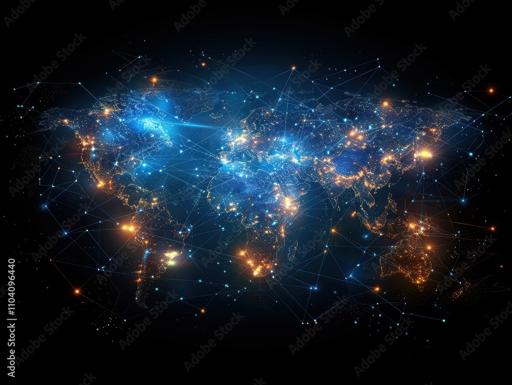 Poster a digital representation of a connected world with glowing networks.