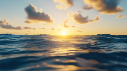 Obraz premium A tranquil seascape featuring gentle waves illuminated by a stunning sunset, casting warm hues across the water, Ideal for projects related to nature, travel, relaxation, or environmental themes,
