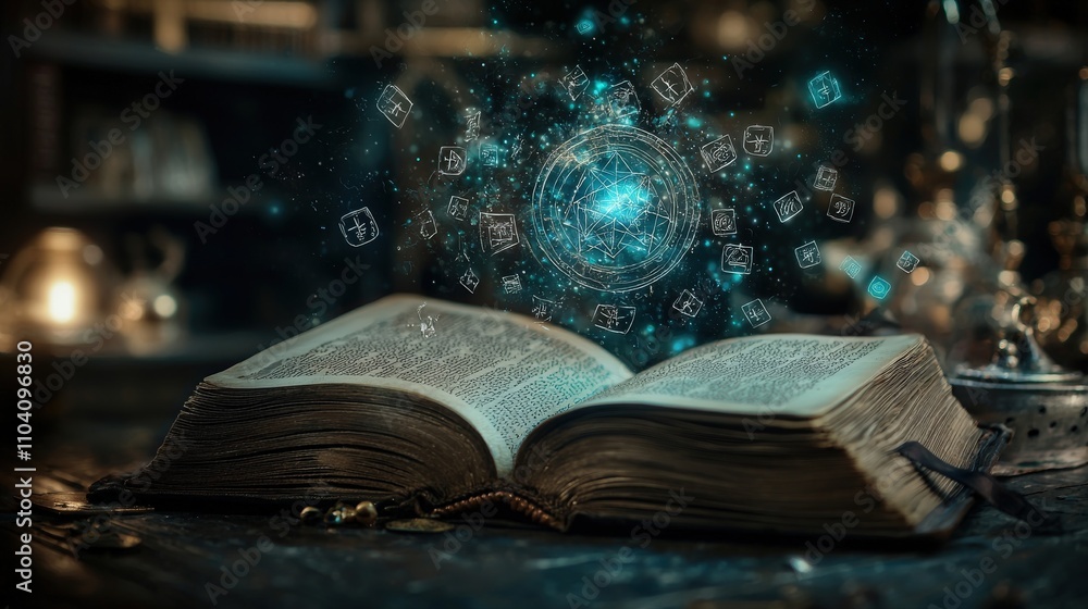 Poster magical book unfolding secrets enchanted library fantasy scene mystical atmosphere close-up view kno