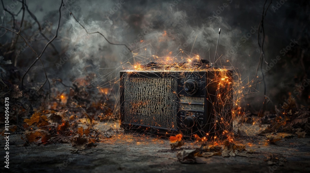 Poster vintage radio illuminated by threads of light abandoned setting artistic photography dark atmosphere