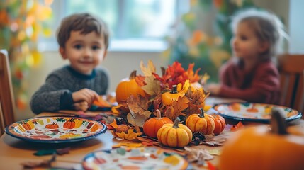Fototapeta premium A cheerful children's Thanksgiving table, vibrant plates with cartoon turkey designs, a centerpiece of small pumpkins and colorful leaves, kids busy coloring and crafting autumn-themed decorations,