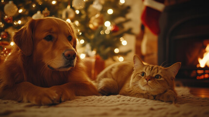 Cozy Christmas Morning with Pets by the Fireplace