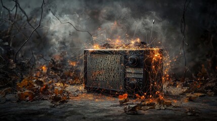 Vintage radio illuminated by threads of light abandoned setting artistic photography dark atmosphere surreal concept
