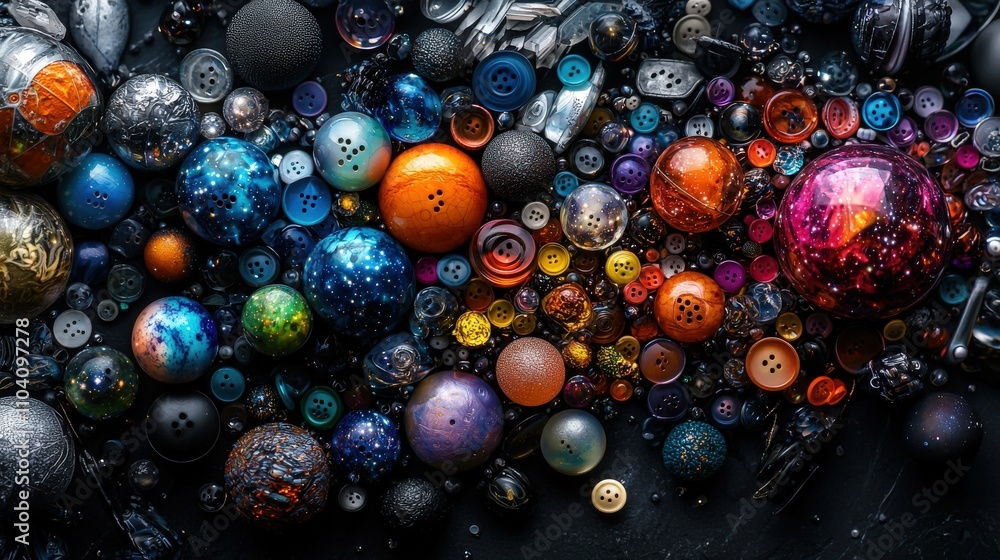 Aufkleber Colorful buttons of various sizes arranged together close-up artistic display textured background abstract concept