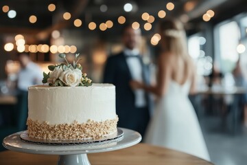 A beautifully frosted wedding cake adorned with flowers takes center stage in a softly lit room, as a bride and groom appear in the blurred background.