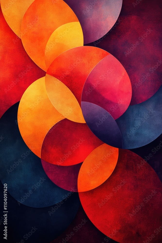 Poster abstract composition of overlapping circles in warm and cool tones.