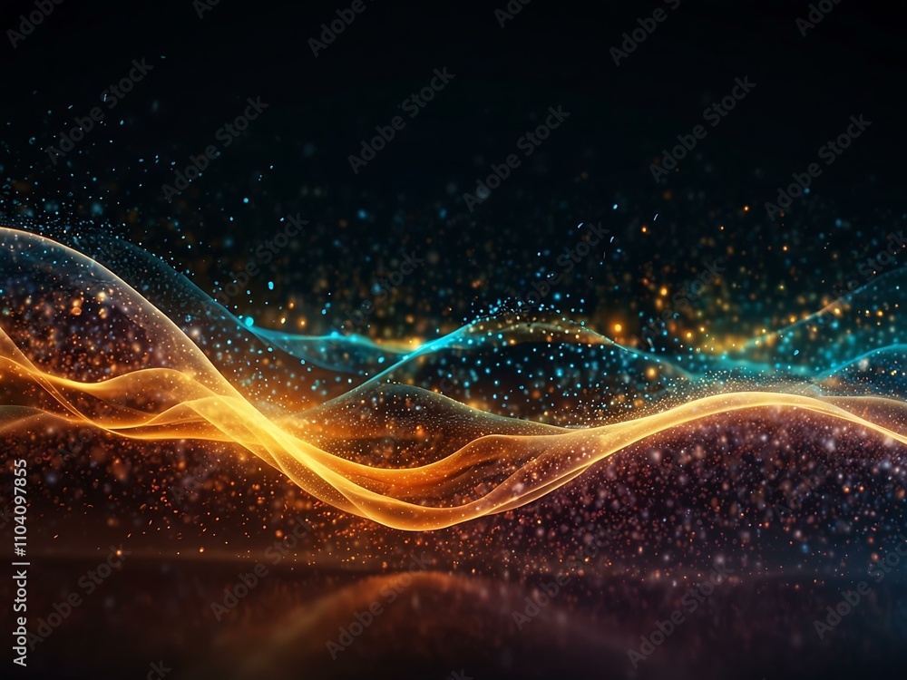 Poster abstract glowing particles flowing in light.