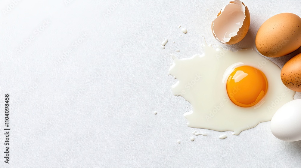 Poster broken egg yolk and egg white create a simple yet artistic composition on a clean background