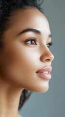 Naklejka premium Close-up profile of a serene woman with flawless, glowing skin and an expression of peaceful contemplation, exemplifying natural beauty and purity in portraiture.