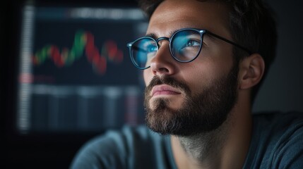 Obraz premium A thoughtful man, wearing blue-frame glasses, ponders over the fluctuating stock market trends on his screen. His focused expression conveys a deep analytical mindset.