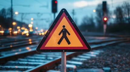 A caution sign for pedestrians near railway tracks, illuminated in the evening light, emphasizing safety for those walking in the area.