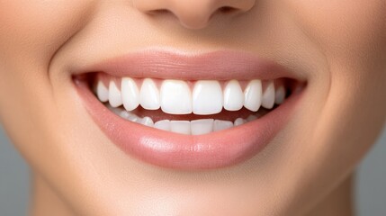 Obraz premium A close-up photo showcasing a bright, healthy smile with perfect white teeth, symbolizing confidence, health, and beauty, lit softly and crisply focused.