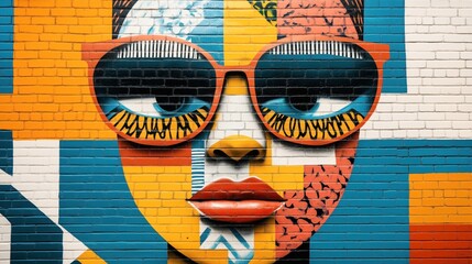 Colorful geometric mural of a face wearing sunglasses painted on a brick wall, featuring bold patterns and vibrant colors like orange, blue, and yellow.