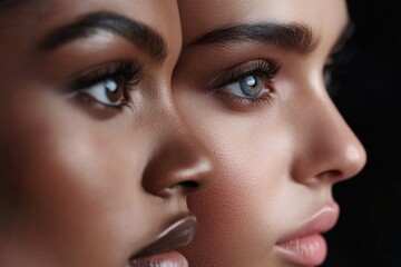 A close-up portrait of two females with unique eye colors, one blue and the other brown