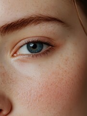 Close-up of a young person's face showcasing delicate freckles and striking blue eyes, great for beauty and skincare promotions, medical dermatology ads, or artistic portraiture,