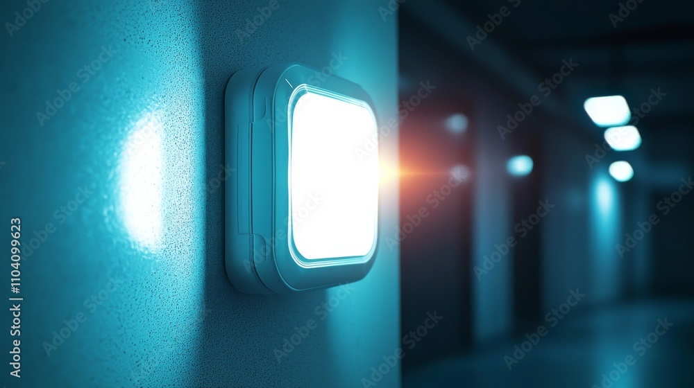 Aufkleber a modern wall light emits a soft glow in a dimly lit corridor, creating a serene atmosphere with a f