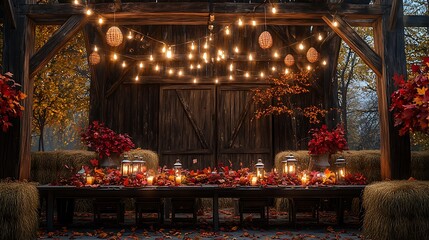 A festive Thanksgiving celebration in a barnyard, a long table adorned with fall leaves and lanterns, guests enjoying a hearty feast with the backdrop of rustic wooden walls,
