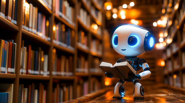 Cute robot reading book in library .AI training and learning .