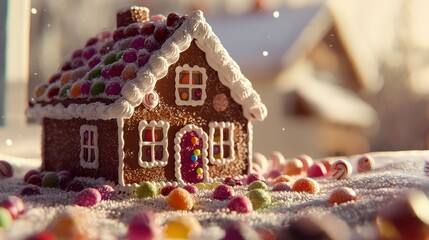 Cozy Gingerbread House Surrounded by Colorful Candies and Snow