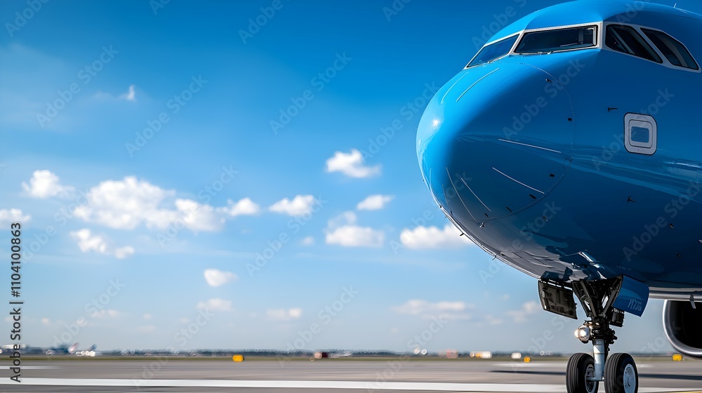 Poster Close-Up View of Airplane Nose on Runway Under Blue Sky - Minimalistic Industrial Textures with Ample Copy Space for Branding