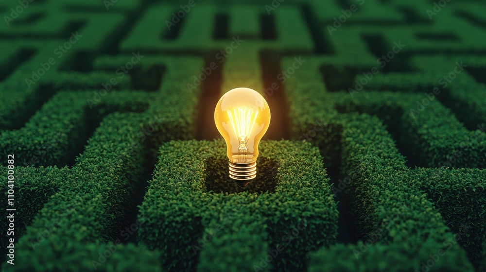 Poster a glowing light bulb sits at the center of a green maze, symbolizing innovation and problem-solving 