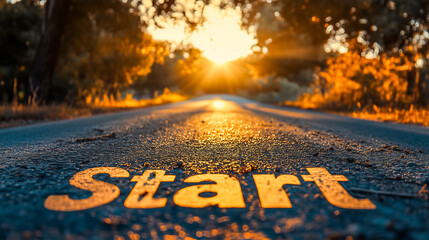 "Start" written on asphalt road with sunflare and beautiful nature scene .