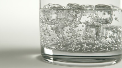 Close-up of glass with ice cubes and bubbles.