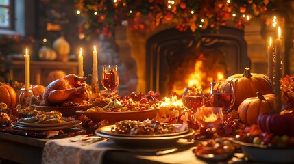 A lively Thanksgiving family dinner by the fireplace, a table surrounded by joyful faces enjoying a hearty meal, vibrant fall decor and the warm fire creating a festive and cozy scene, hd quality,
