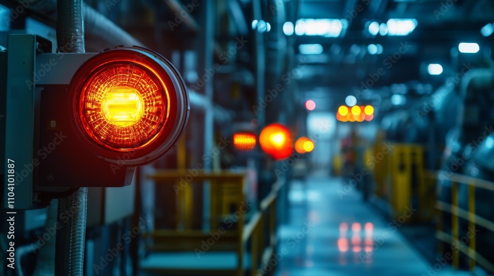 Aufkleber a dimly lit industrial setting featuring illuminated warning lights, indicating operational status w